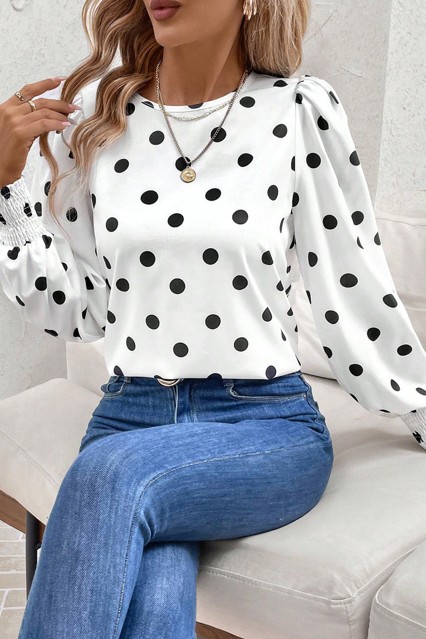 White Polka Dot Print Round Neck Frilled Long Sleeve Blouse