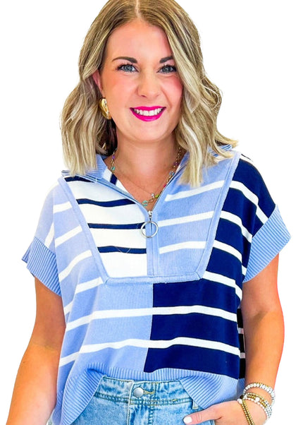 Black Stripe Colorblock Quarter Zip Collar Sweater Vest