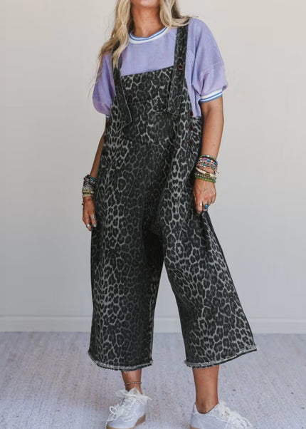 Gray Leopard Print Button Adjustable Straps Cropped Loose Denim Overalls