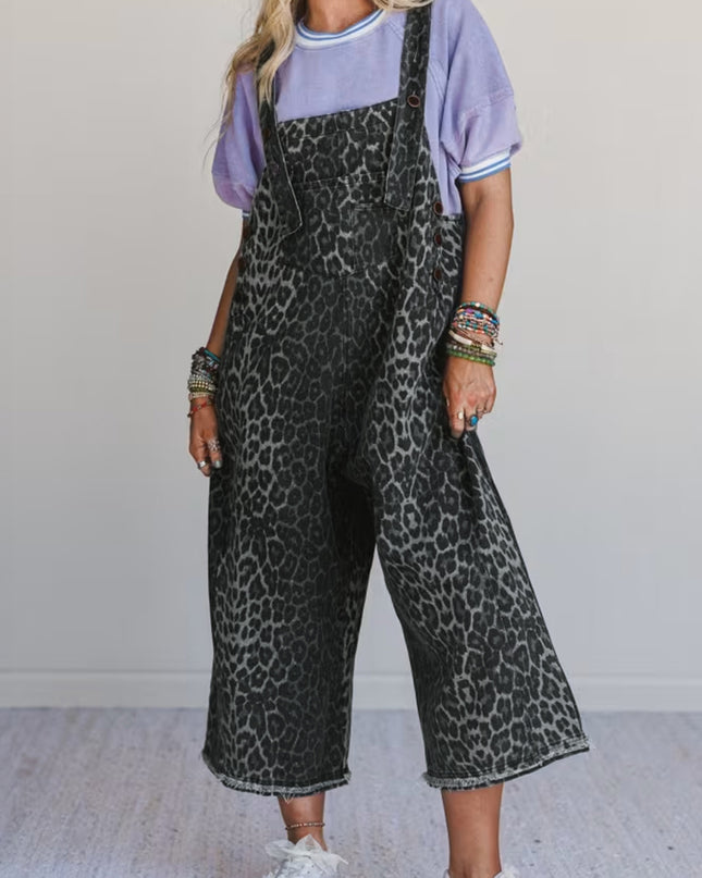 Gray Leopard Print Button Adjustable Straps Cropped Loose Denim Overalls