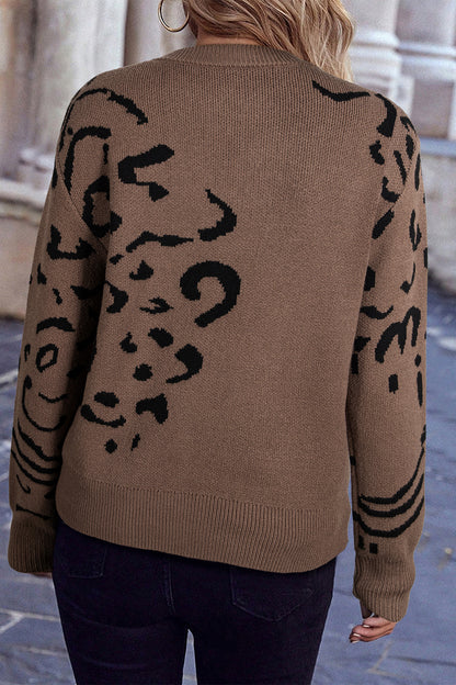 Beige Asymmetric Leopard Print Detail Drop Shoulder Sweater