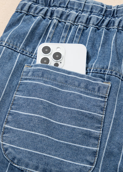 Sky Blue Stripe Button Pleated Drawstring Waist Casual Wide Leg Jeans