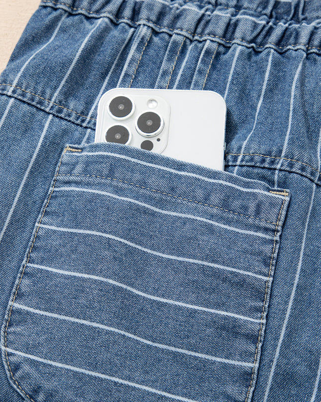 Sky Blue Stripe Button Pleated Drawstring Waist Casual Wide Leg Jeans