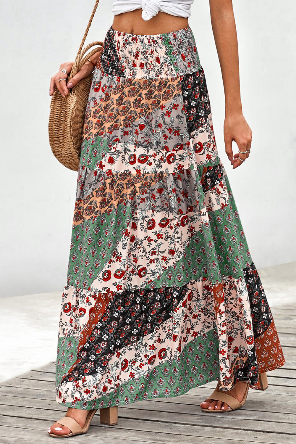 Multicolor Boho Print Tie-Up Waist Long Maxi Skirt