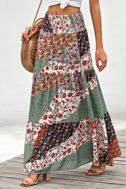 Multicolor Boho Print Tie-Up Waist Long Maxi Skirt