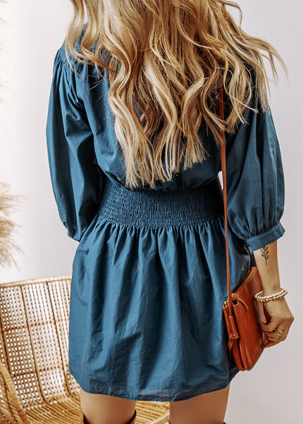 Prussian Blue 3/4 Sleeve Shirred High Waist Buttoned Mini Dress