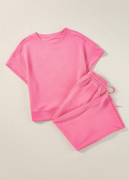 Black Textured Loose Fit T Shirt and Drawstring Pants Set