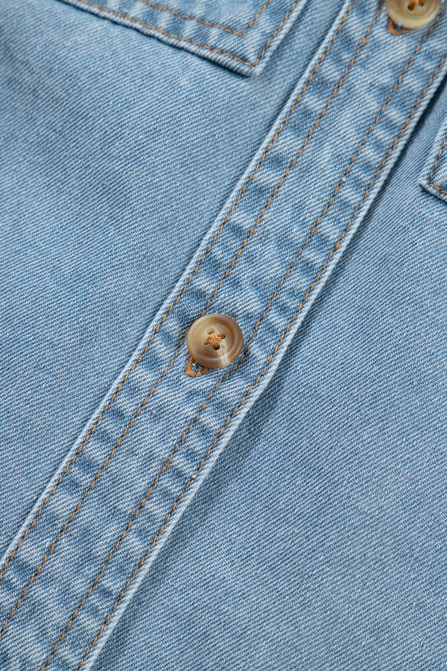 Myosotis Ruffle Detail Short Puff Sleeve Button Down Flap Pocket Denim Shirt