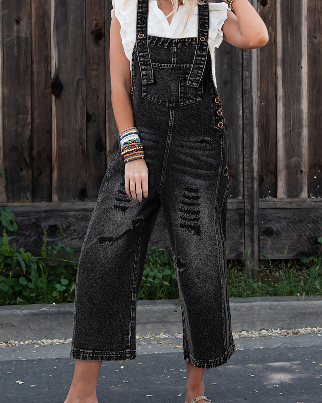 Stone Blue Distressed Bib Pocket Wide Leg Denim Overall