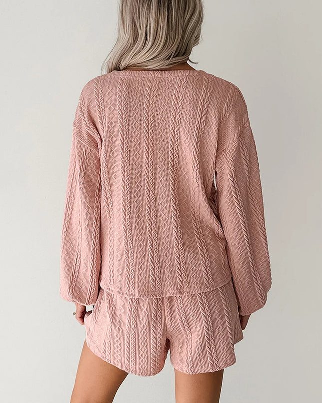 Gossamer Pink Cable Knit V Neck Cardigan Shorts Set
