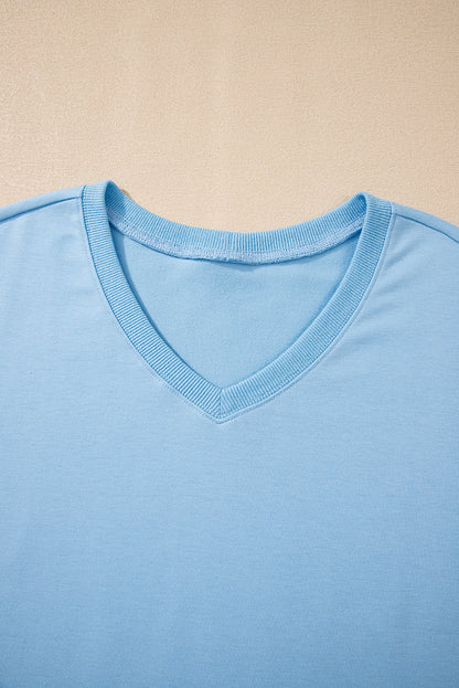 Mint Green V Neck Drop Shoulder Tee and Patchwork Drawstring Shorts Set