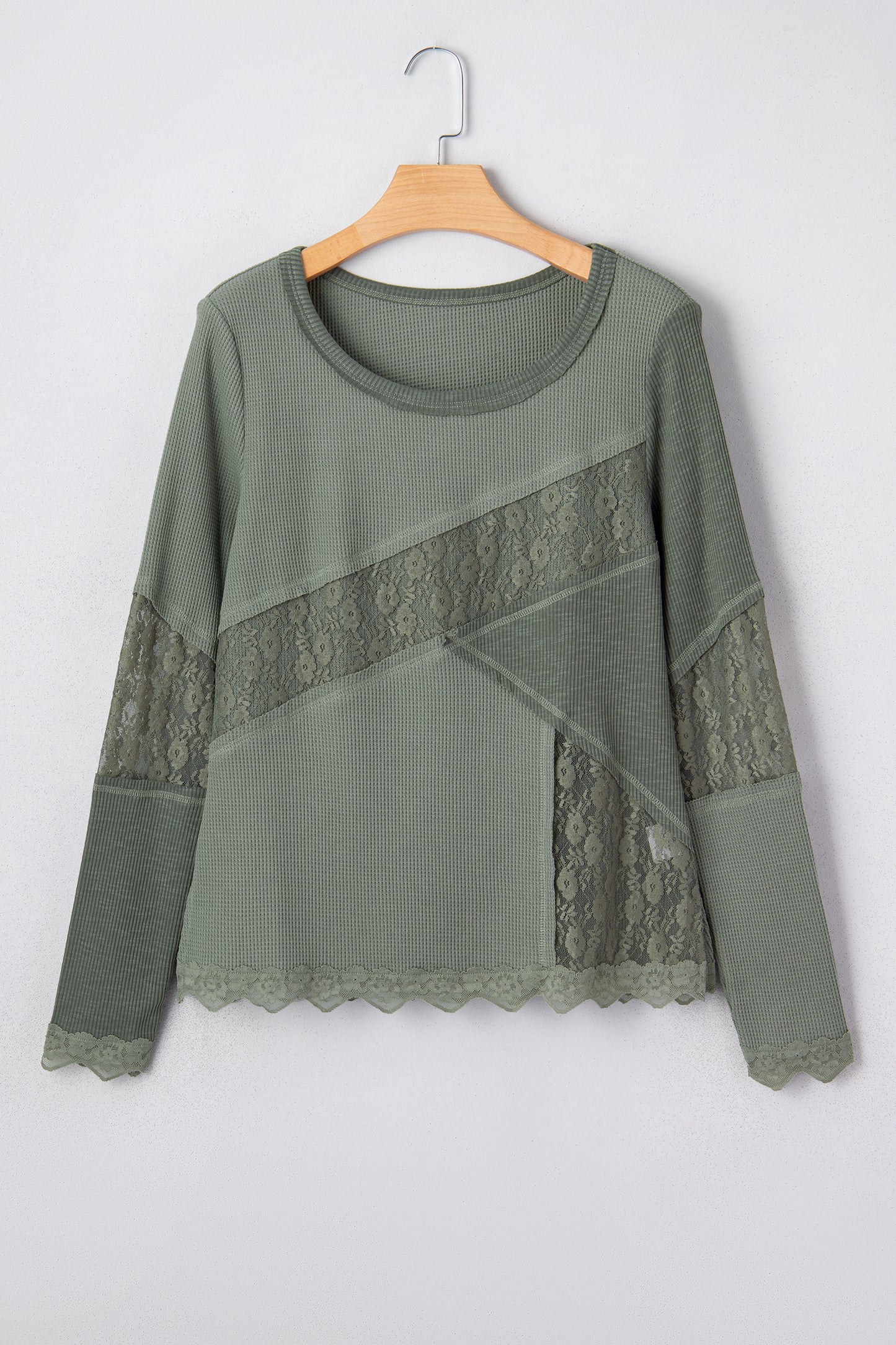 Sage Green Solid Color Waffle Ribbed Lace Patchwork Long Sleeve Top