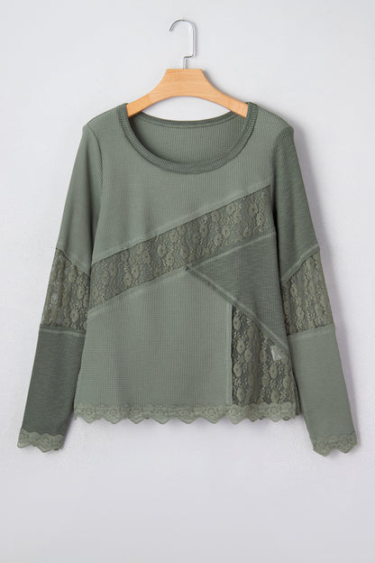 Sage Green Solid Color Waffle Ribbed Lace Patchwork Long Sleeve Top