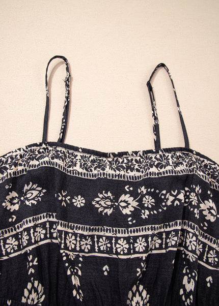 Black Spaghetti Straps Elastic Waist Loose Ethnic Print Jumpsuit