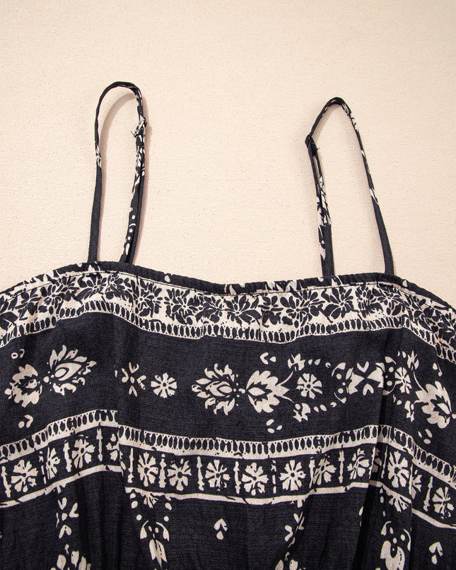 Black Spaghetti Straps Elastic Waist Loose Ethnic Print Jumpsuit