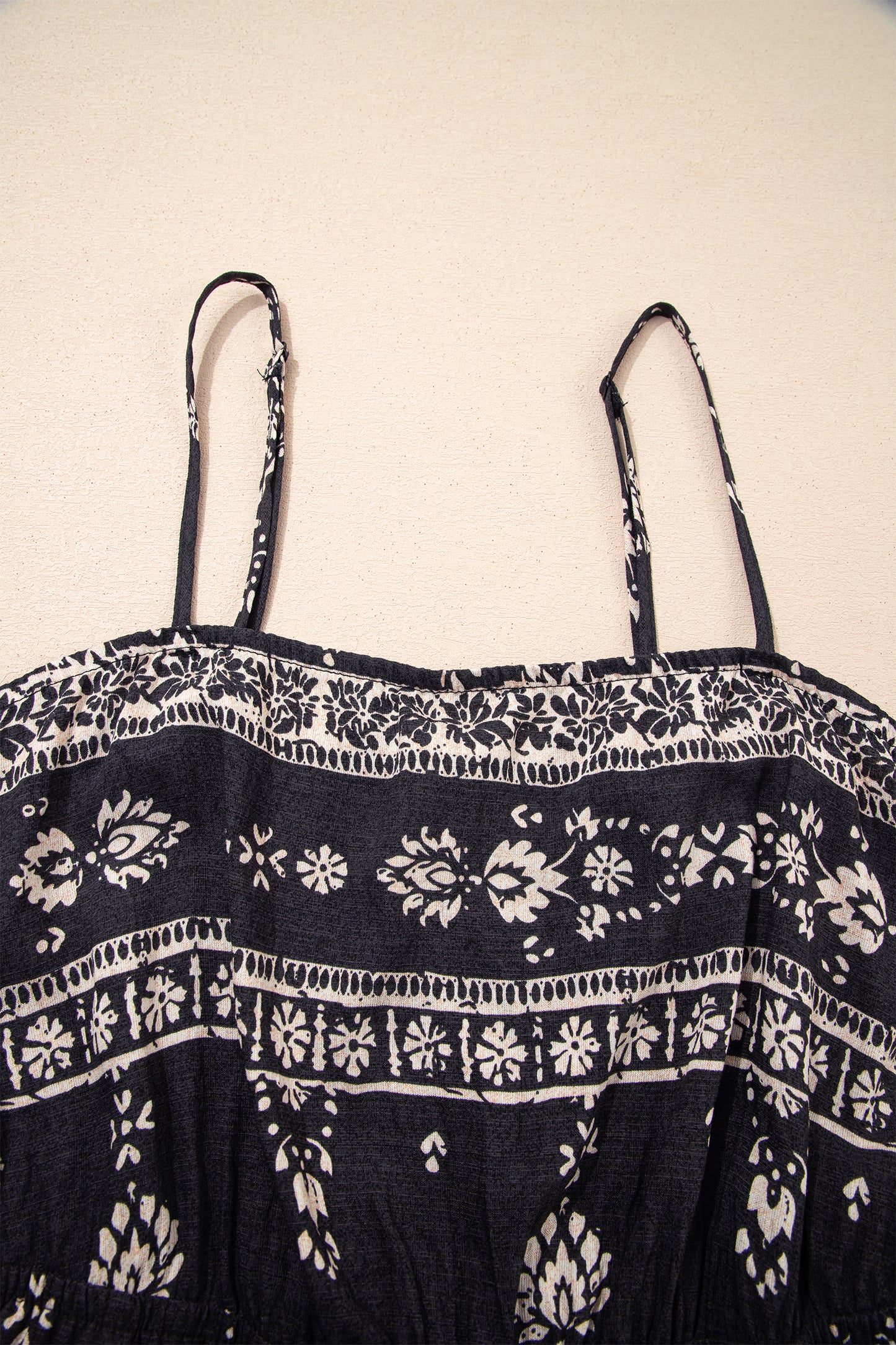 Black Spaghetti Straps Elastic Waist Loose Ethnic Print Jumpsuit
