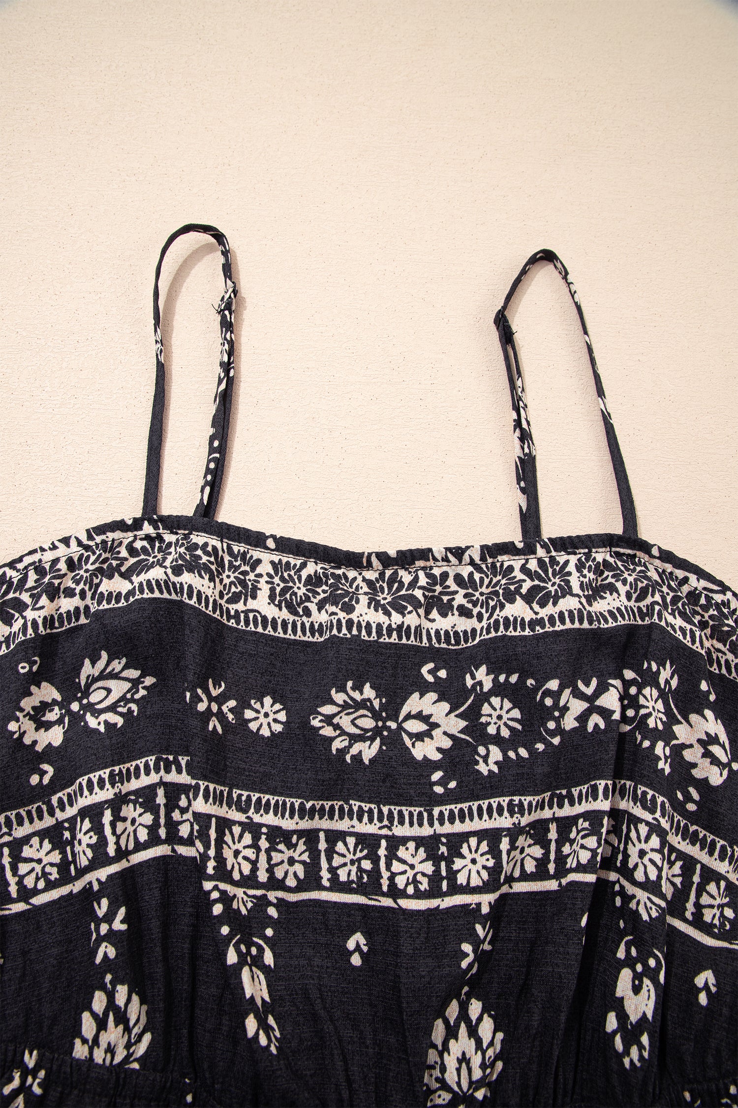 Black Spaghetti Straps Elastic Waist Loose Ethnic Print Jumpsuit