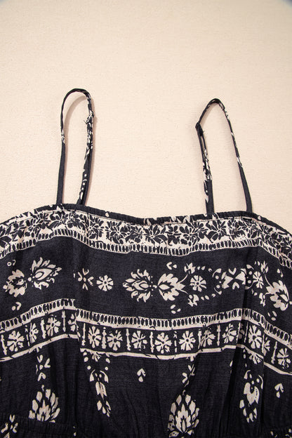 Black Spaghetti Straps Elastic Waist Loose Ethnic Print Jumpsuit