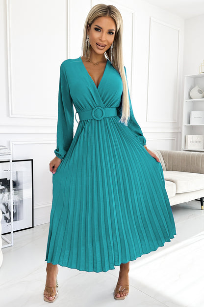 504-6 VIVIANA Pleated midi dress with a neckline, long sleeves and a wide belt - sea color