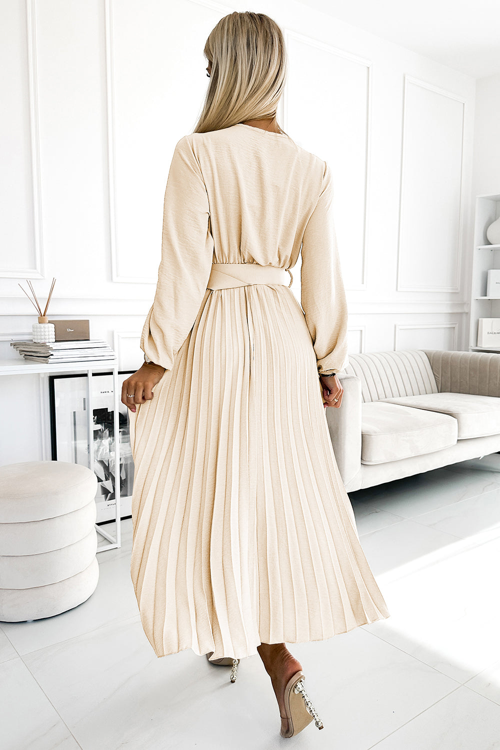 504-7 VIVIANA Pleated midi dress with scoop neckline, long sleeves and wide belt - light beige