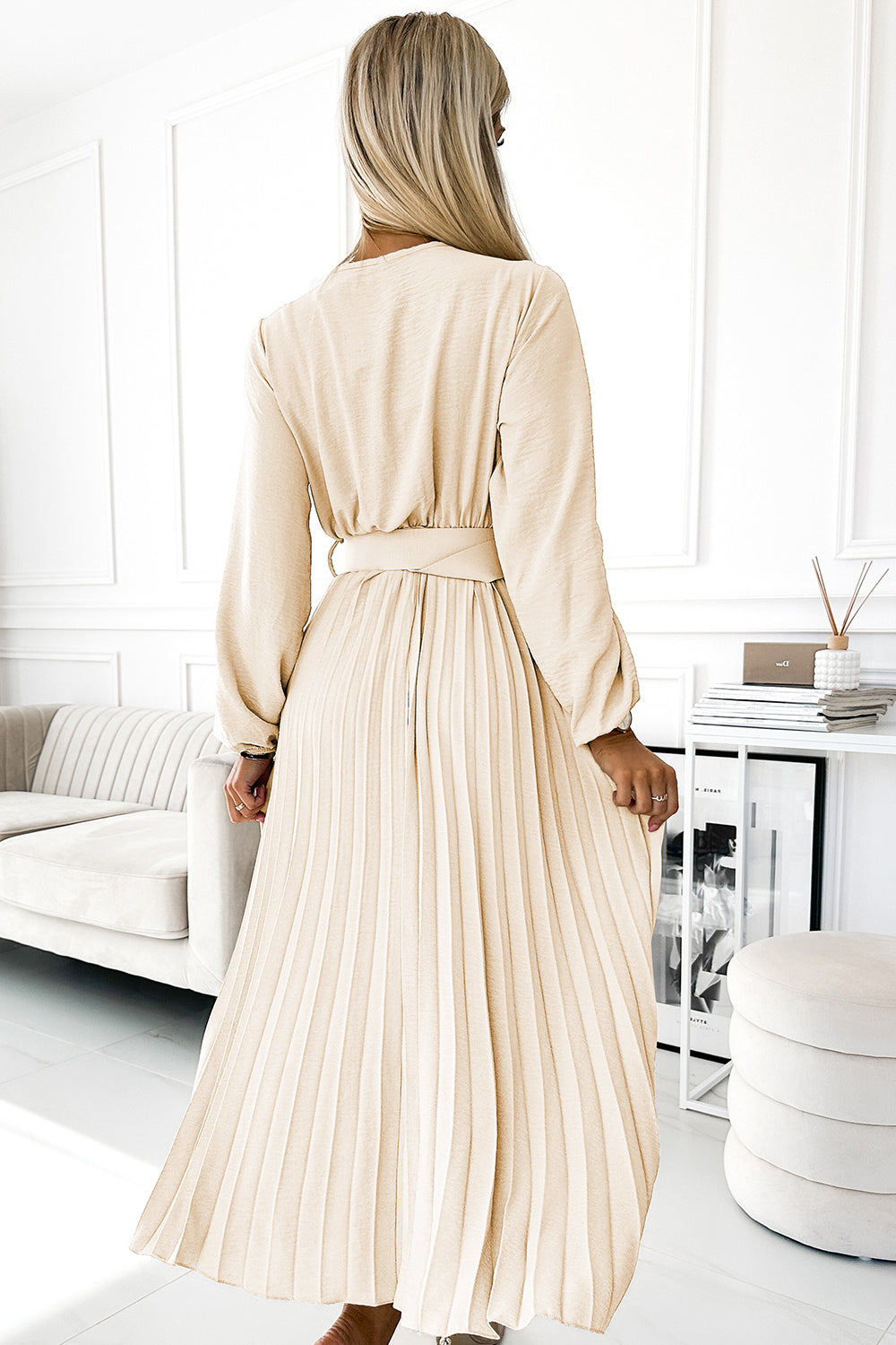 504-7 VIVIANA Pleated midi dress with scoop neckline, long sleeves and wide belt - light beige