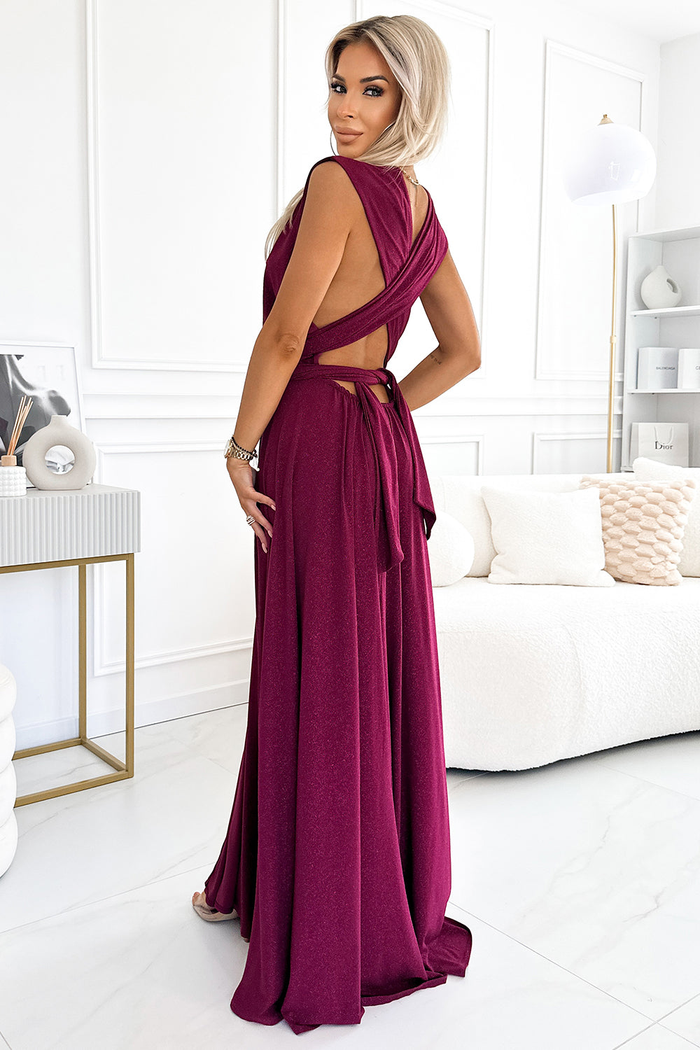 509-3 Elegant long dress tied in many ways - burgundy with glitter