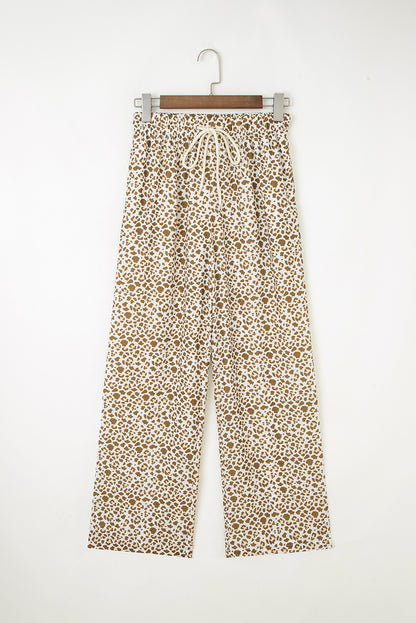 Brown Leopard Drawstring Elastic Waistband Loose Pants