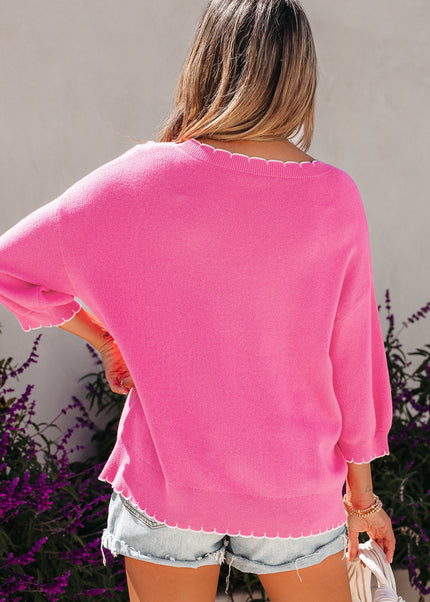 Sachet Pink Big Ribbon Bow Print Contrast Stitch Trim Drop Shoulder Sweater