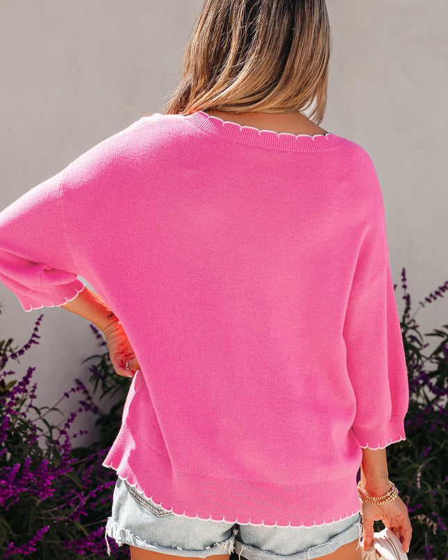 Sachet Pink Big Ribbon Bow Print Contrast Stitch Trim Drop Shoulder Sweater