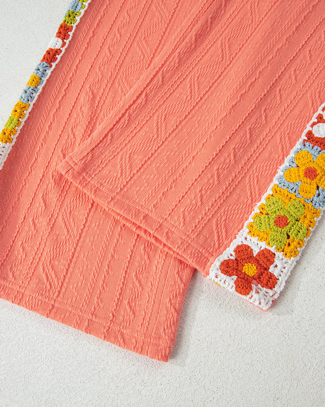 Grapefruit Orange Crochet Floral Accent V Neck Textured Pants Set