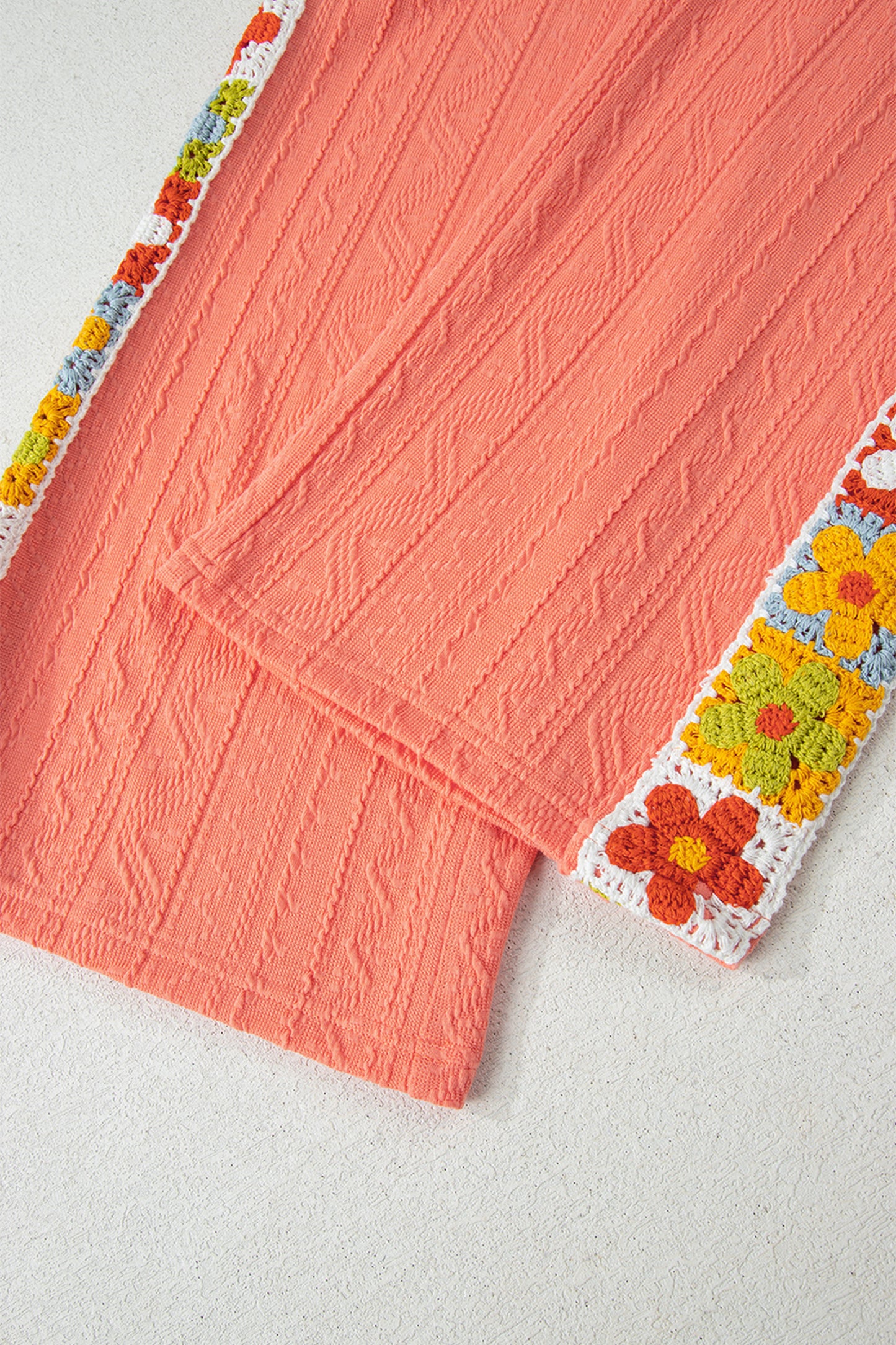 Grapefruit Orange Crochet Floral Accent V Neck Textured Pants Set