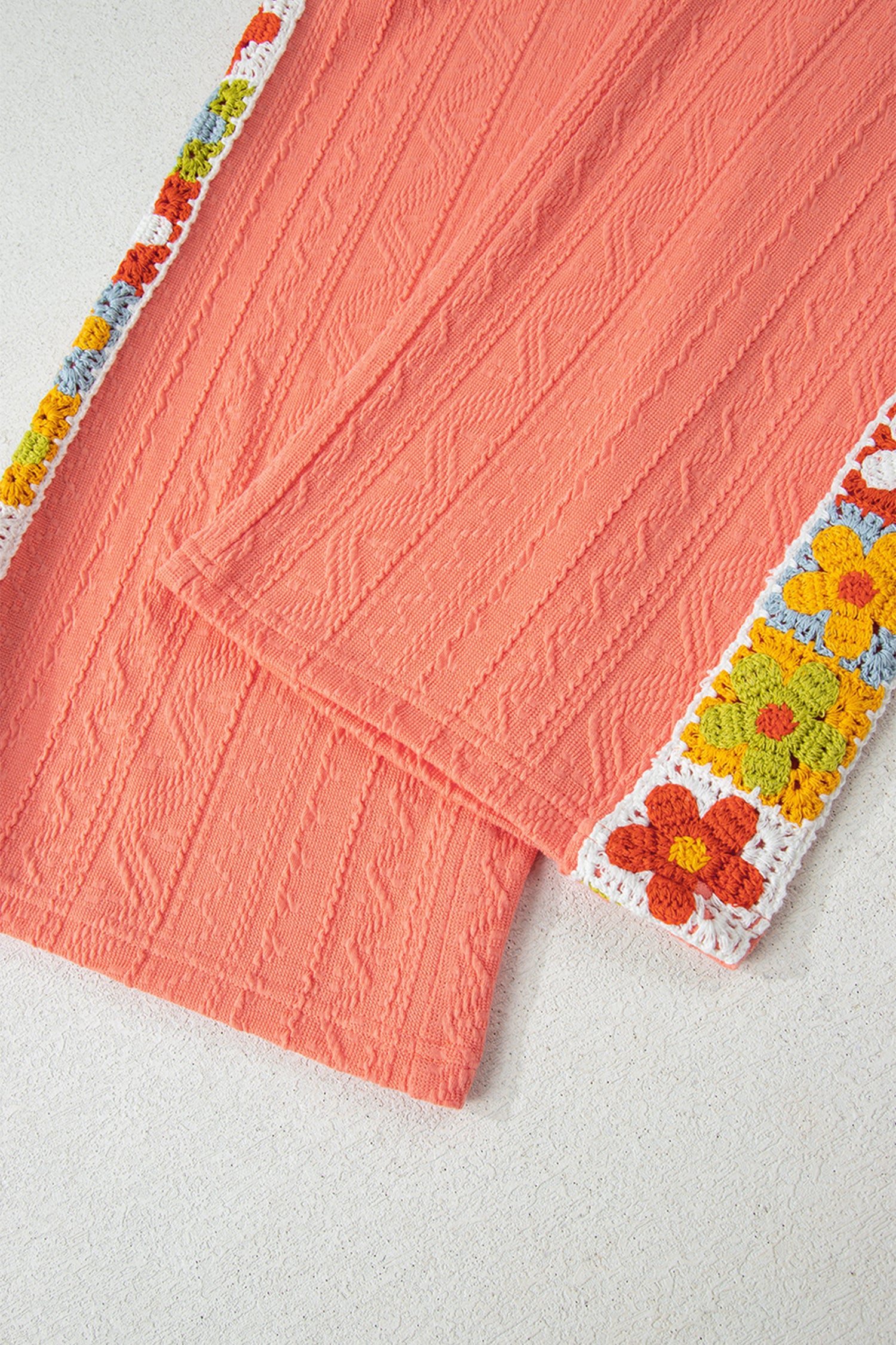 Grapefruit Orange Crochet Floral Accent V Neck Textured Pants Set