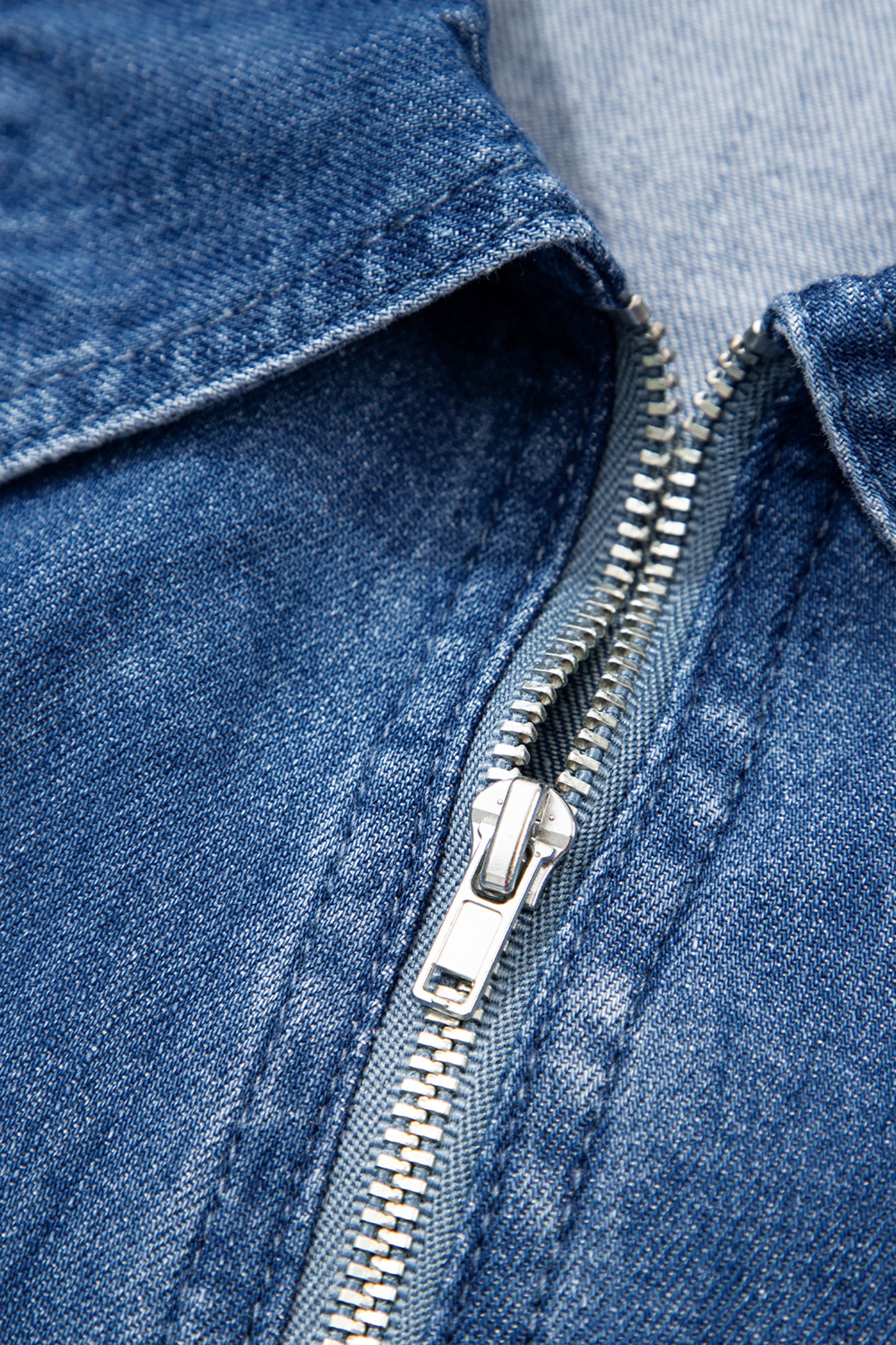 Blue Zip up Collared Short Sleeve Shift Mini Denim Dress