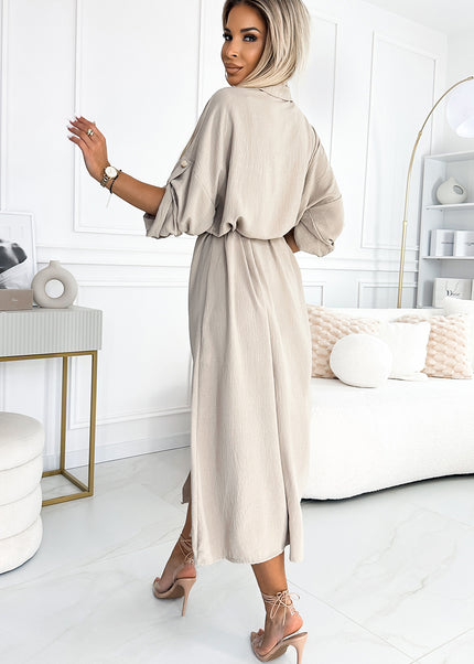531-1 Midi shirt dress with gold buttons and ties - beige
