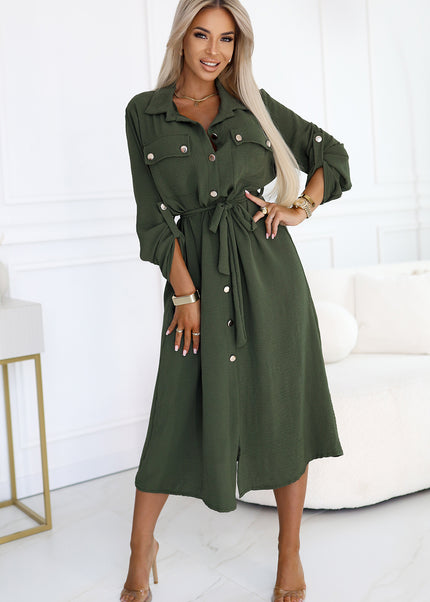 531-5 Midi Shirt Dress with Gold Buttons and Tie - KHAKI