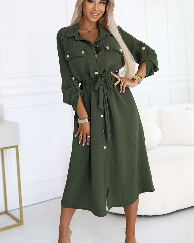 531-5 Midi Shirt Dress with Gold Buttons and Tie - KHAKI