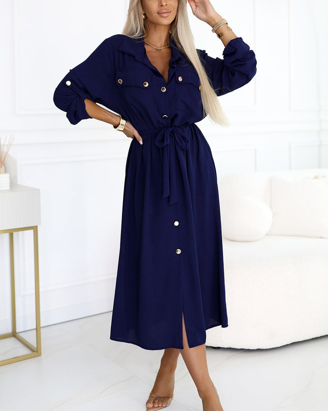 531-6 Midi Shirt Dress with Gold Buttons and Tie - Navy Blue