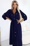 531-6 Midi Shirt Dress with Gold Buttons and Tie - Navy Blue