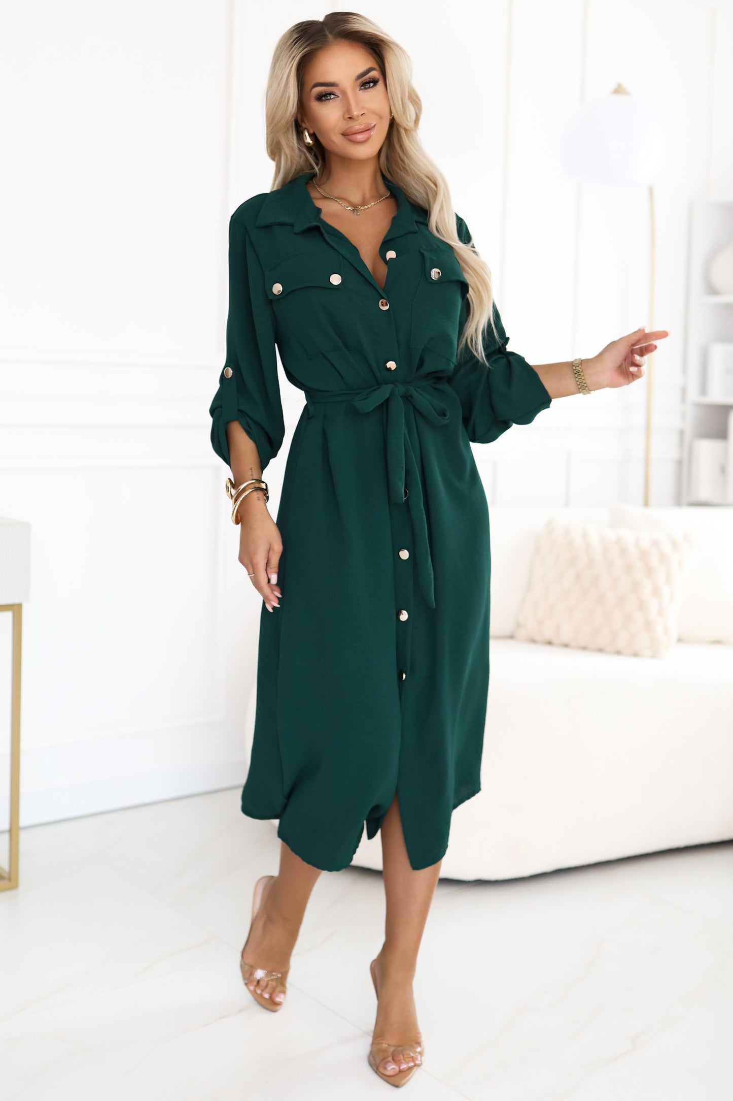 531-7 Midi shirt dress with gold buttons and tie detail - green