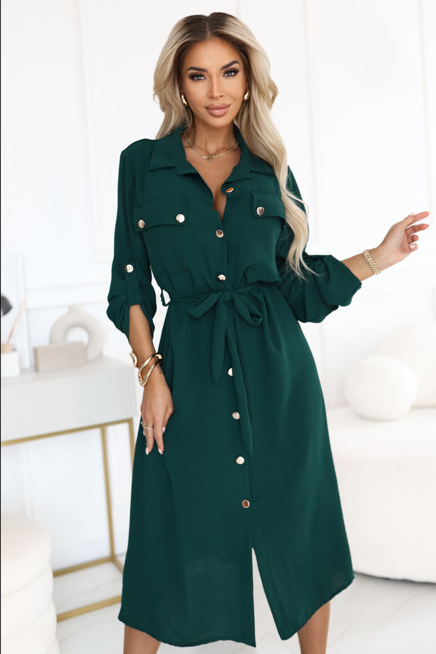 531-7 Midi shirt dress with gold buttons and tie detail - green
