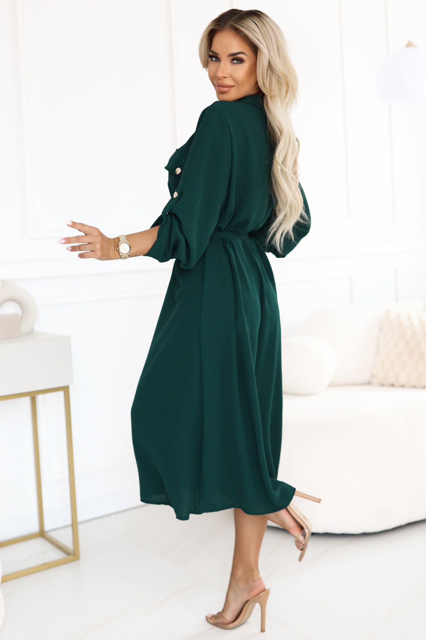 531-7 Midi shirt dress with gold buttons and tie detail - green