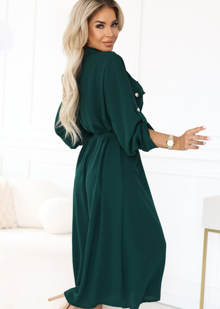 531-7 Midi shirt dress with gold buttons and tie detail - green