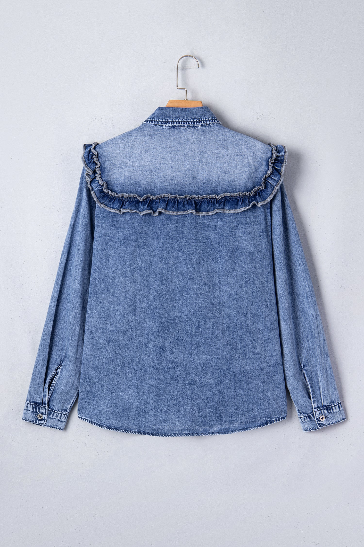 Dusk Blue Vintage Wash Denim Ruffle Detail Button Down Shirt