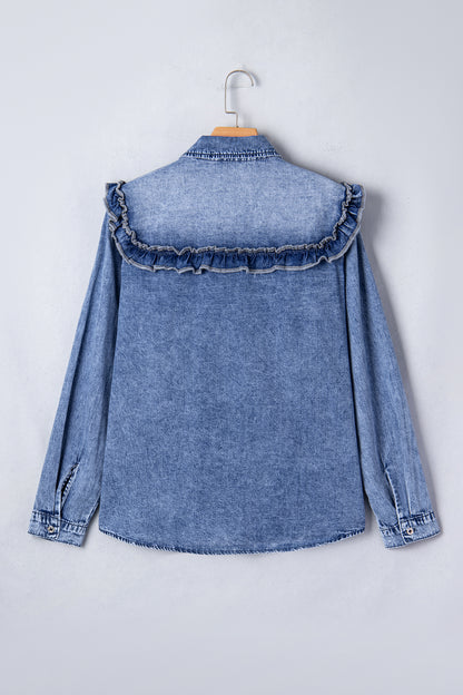 Dusk Blue Vintage Wash Denim Ruffle Detail Button Down Shirt
