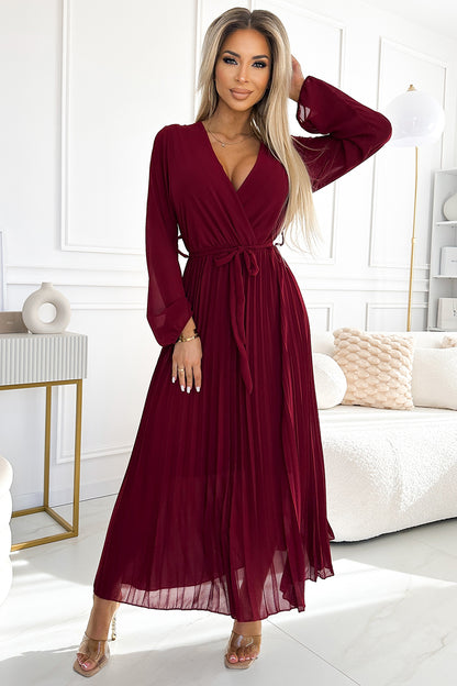 537-1 Pleated chiffon dress with scoop neckline, long sleeves and tied belt - burgundy