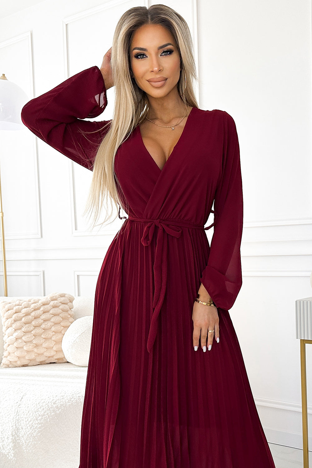 537-1 Pleated chiffon dress with scoop neckline, long sleeves and tied belt - burgundy