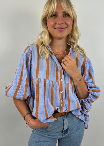 Orange Stripe Crinckled Ruffled Sleeve Button up Loose Shirt