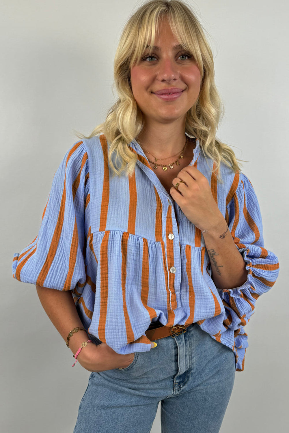 Orange Stripe Crinckled Ruffled Sleeve Button up Loose Shirt