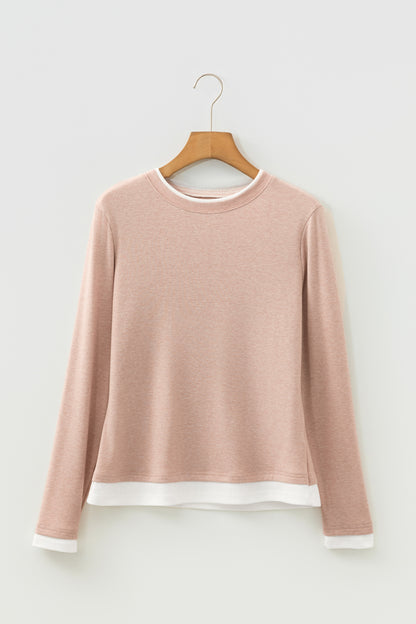 Smoke Gray False Two Piece Color Block Patchwork Long Sleeve Top