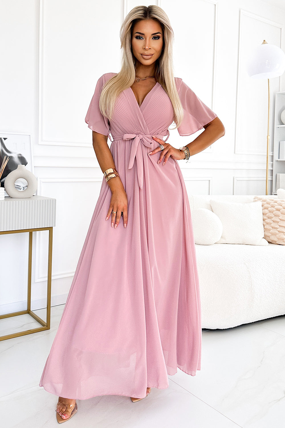 545-1 Long dress with a pleated neckline and ties - powder pink